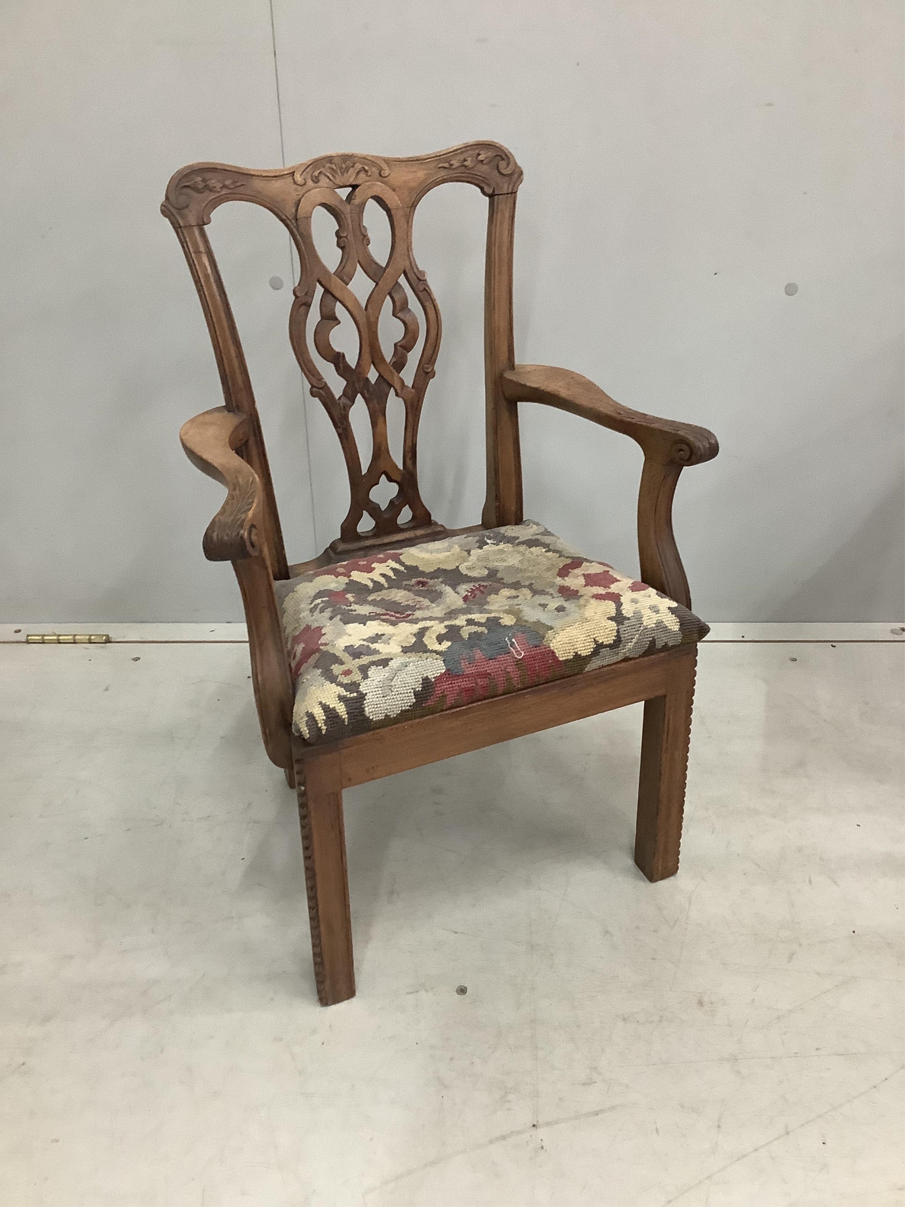 A 19th century caned mahogany child's chair, together with a later George III style mahogany child's elbow chair. Condition - poor
